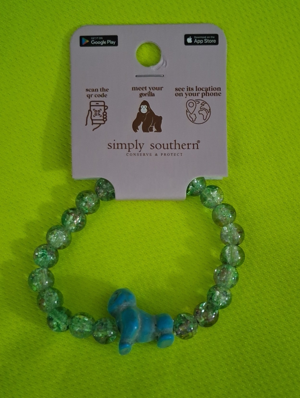 Simply Southern Women Green Beaded Bracelet with Blue Gorilla Charm